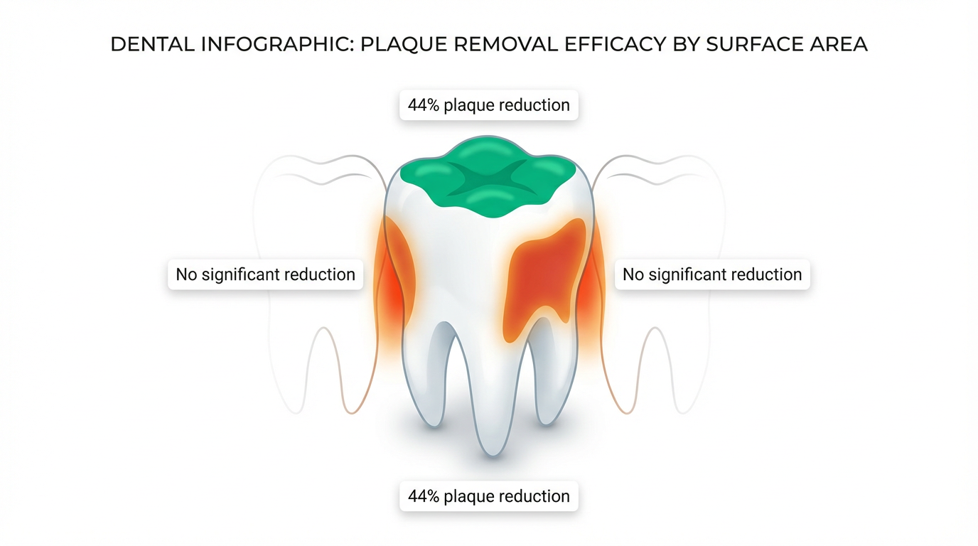 Dental infographic showing chewing gum plaque removal by tooth surface type: 44% reduction on occlusal chewing surfaces, no significant reduction on smooth buccal-lingual surfaces, and no significant reduction on interdental surfaces where most decay originates