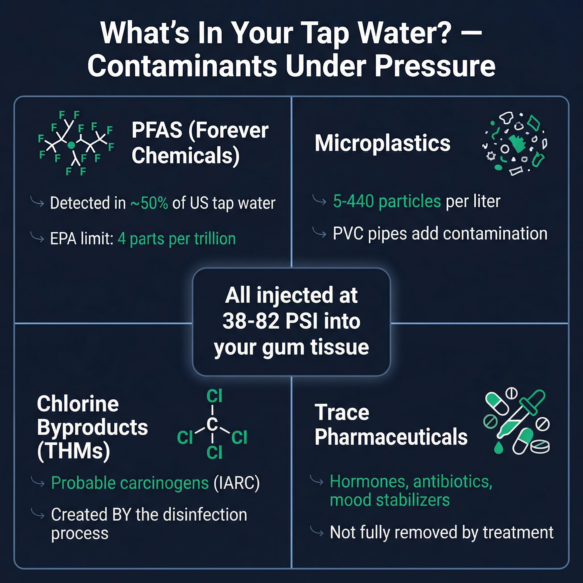 Infographic showing four categories of tap water contaminants: PFAS forever chemicals found in 50% of US water, microplastics averaging 5 particles per liter, trihalomethanes from chlorination, and trace pharmaceuticals including endocrine disruptors