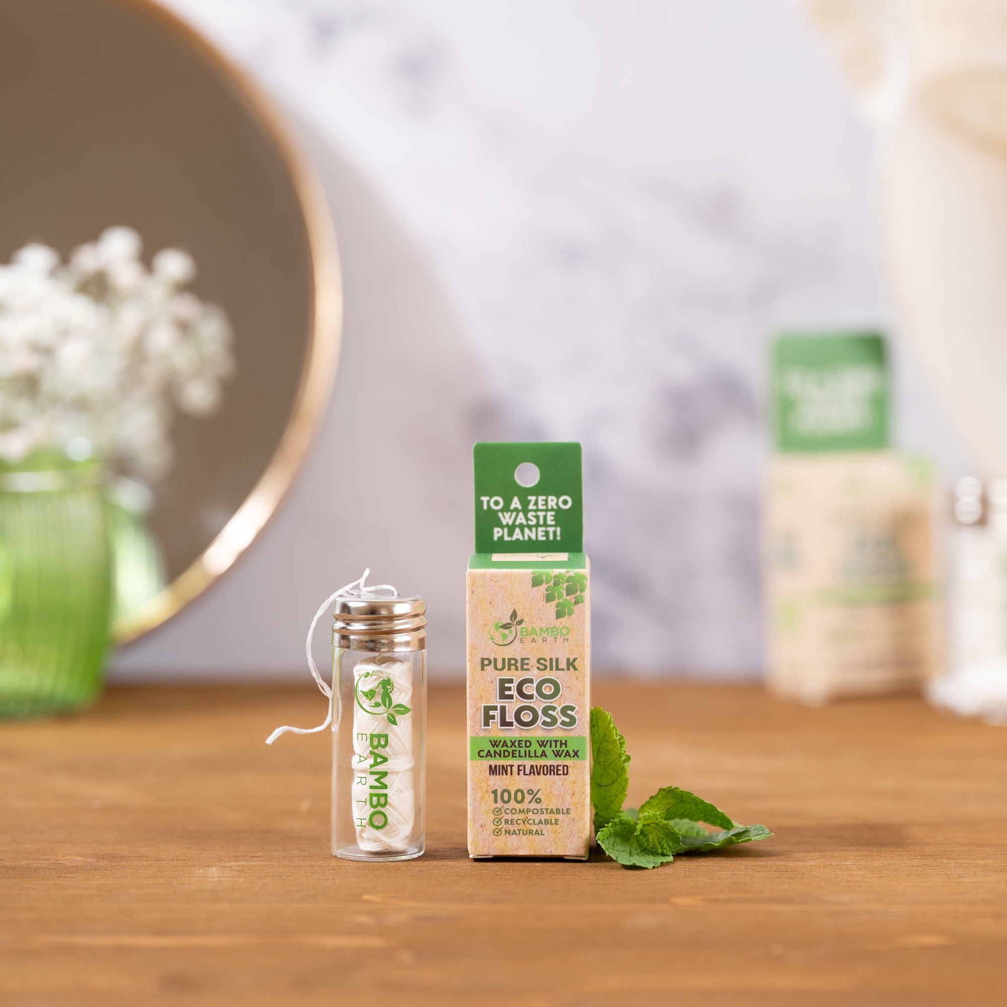 BAMBOEARTH Organic Silk Dental Floss with Refillable Glass Holder