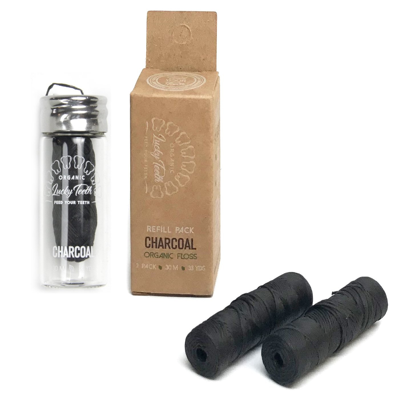 Lucky Teeth Organic Bamboo Charcoal Floss with Glass Jar + 2 Refills (99 Yards Total)